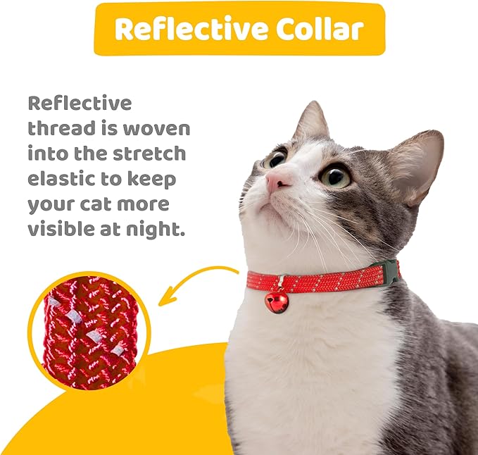 BirdsBeSafe® Break Away Cat Collar with Bell, Reflective Thread for Night Visibility, Comfortable Elastic Stretch Cat Collar to Protect Cat from Getting Stuck in The Garden.-PawvioPets