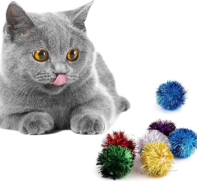 AUEAR, 12 Pack 2 Inch Sparkle Ball Shiny Glitter Tinsel Pom Poms Interactive Cat Balls for Kittens (6 Colors)-PawvioPets