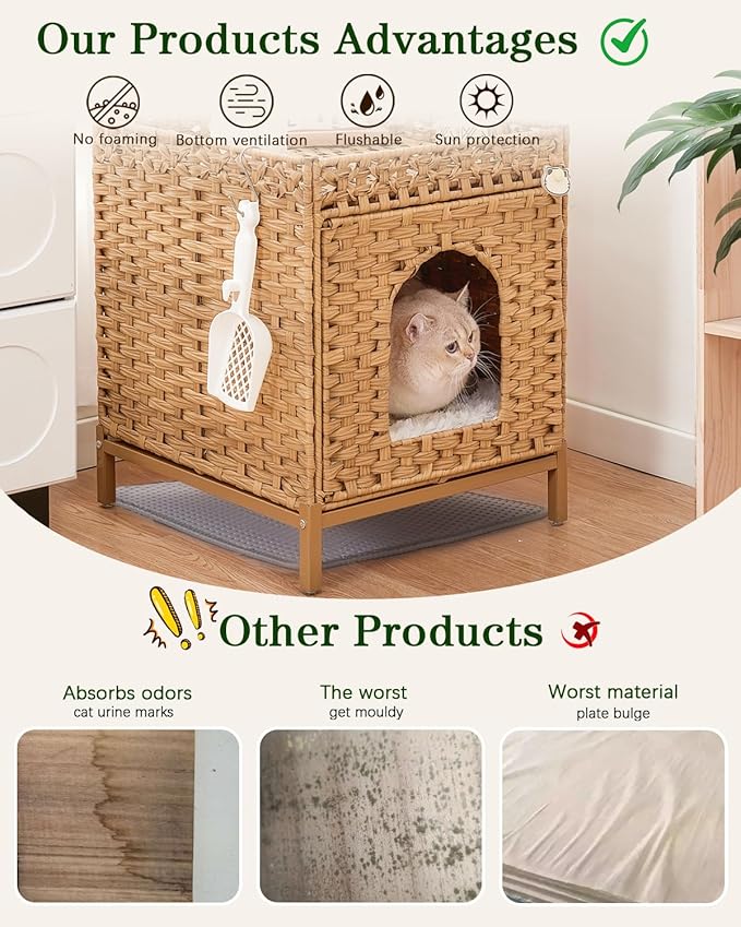 Cat Litter Box Enclosure Hidden Litter Box Furniture with Metal Heightened Feet, Rattan Handwoven Cat House with Litter Mat, Hidden Litter Box Furniture for Bedroom Living Room Natural-PawvioPets