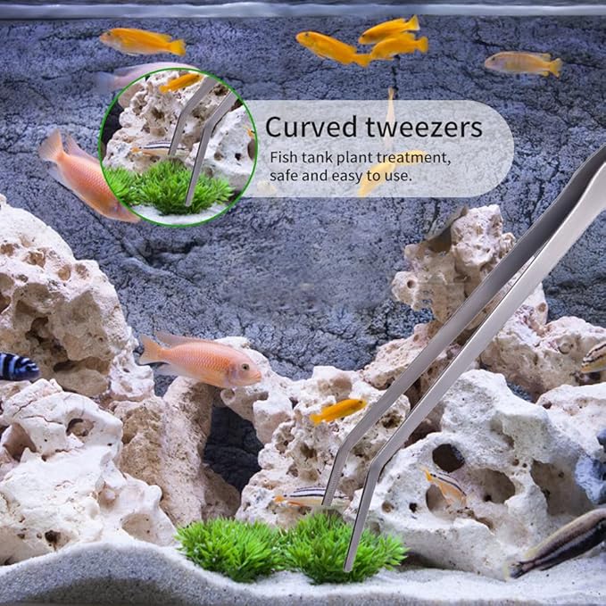 Extra Long Handle Aquarium Tweezers Serving Tongs Feed clamp,2 Pack Stainless Steel Straight and Curved Tweezers Set for Fish Tank Plants Reptile Feeding Tongs（15 Inchs）-PawvioPets