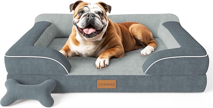 Dog Beds for Large Dogs, Orthopedic Dog Bed with Cooling Gel Memory Foam, Waterproof Large Pet Bed with Removable Washable Cover, 36" Pet Sofa Couch Dutch Velvet with Bone Toy, Dark Gray-PawvioPets