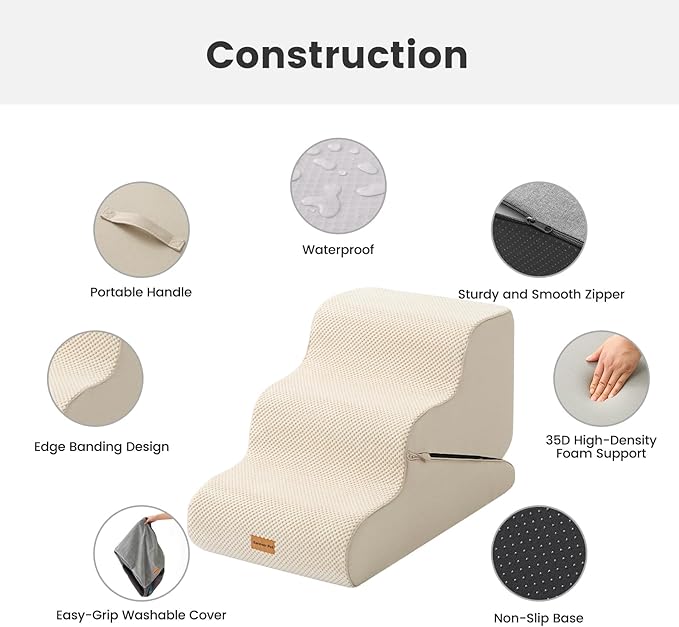 Gardner Pet Dog Stairs for Small Dogs 16.5" H, 2 in 1 Transformable 3-Step Pet Stairs and Dog Ramp for Couch (13-20 in), Beige Adjustable Pet Steps with Non-Slip Waterproof Cover and CertiPUR-US Foam-PawvioPets