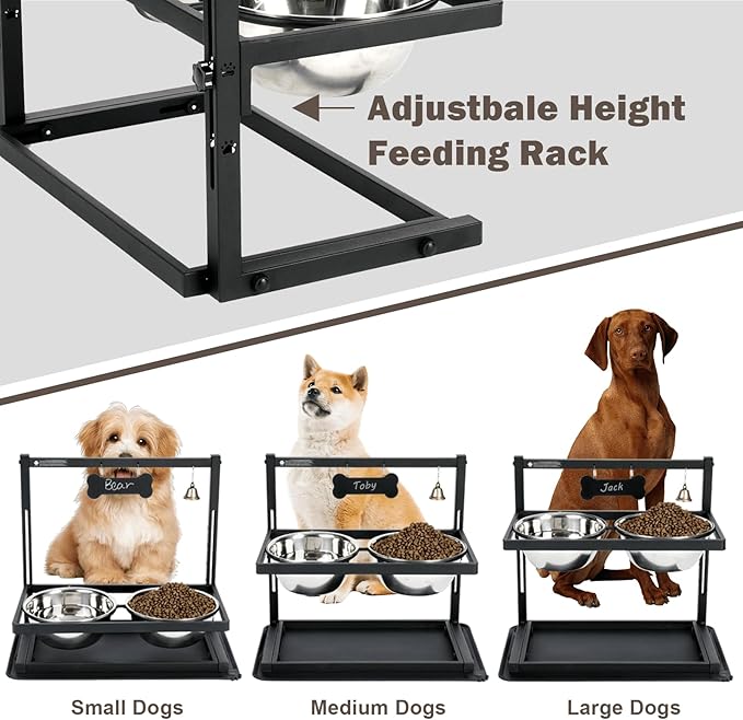 Elevated Dog Bowls with Slow Feeder for Large Dogs – Adjustable Raised Stand with 2 Stainless Steel Bowls & Spill-Proof Mat, Non-Slip Dog Feeder for Large & Medium Dogs (Black)-PawvioPets