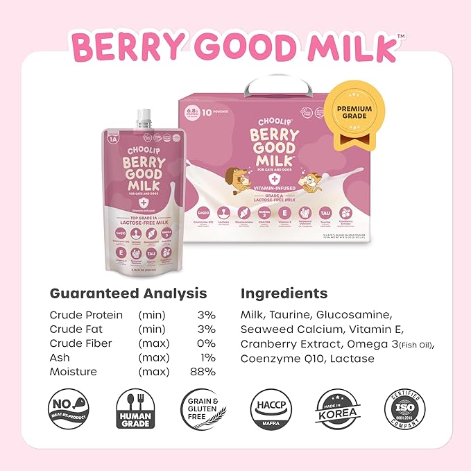 Berry Good Milk is a Lactose-Free, Vitamin-Infused Drink for Cats and Dogs. It Supports Urinary Health, Digestion, and Joint Function. Free from antibiotics, Grains, and Gluten.-PawvioPets
