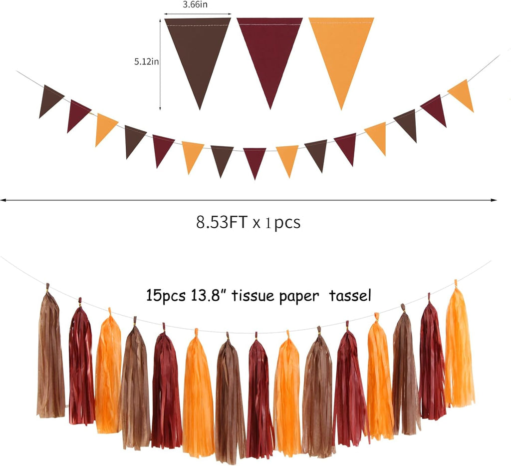 Brown Burgundy Orange Party-Decorations - 23pcs Fall Autumn Thanksgiving Harvest Paper Tissue Pom Poms Streamers,Rustic Boho Wedding Tassel Garland Banner,Birthday Baby Shower Decor Lasting Surprise