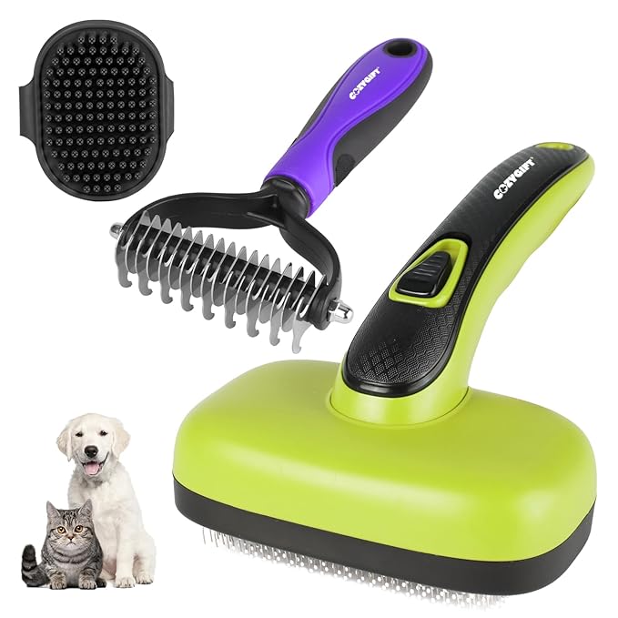 Dog Brush Kit – 3 PCS Grooming Set with Self-Cleaning Brush, Undercoat Rake & Pet Bath Brush. Great for Shedding, Tangles & Dirt Removal – Ideal for Long & Short Haired Dogs & Cats, Green-PawvioPets
