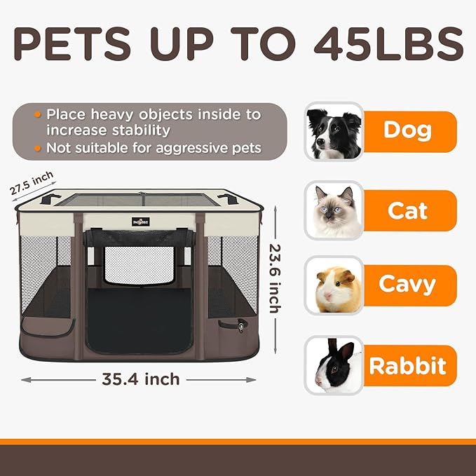 Foldable Pet Kitten Playpen, Upgrade Waterproof Portable Cat Dog Playpen Kennel Tent for Small Dog Cat, Removable Shade Cover, Come with Free Carrying Case, Indoor Outdoor Use for Small Pet, Brown-PawvioPets