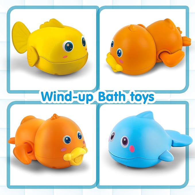 Dwi Dowellin Bath Toys for Toddlers, Magnetic Fishing Games Kids Bathtub Toys, Mold Free Wind-up Toys Swimming Fish Duck Whale Floating Water Toys for Kids Baby Infant-PawvioPets