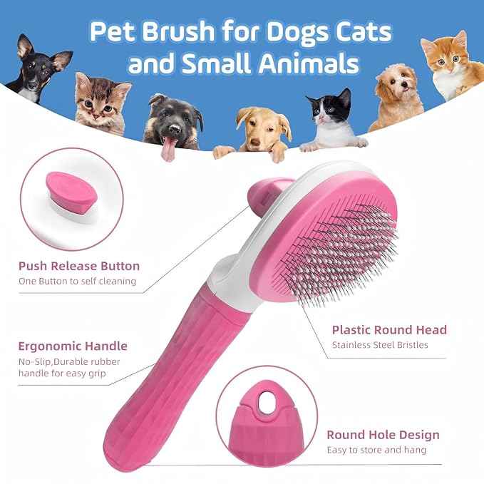 Cat Hair Brush, Cat Brush for Shedding with Metal Comb, Self Cleaning Pet Hair Brush with Release Button - Skin Friendly Deshedding Grooming Brush for Short and Long Haired Cats-PawvioPets