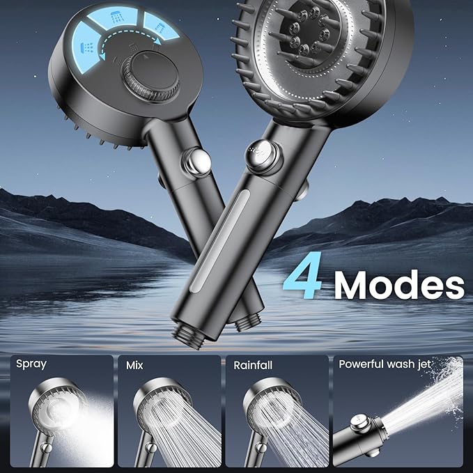 Filtered Shower Head with Handheld, High Pressure 4 Spray Mode Showerhead with Filters, Water Softener Filter Beads for Hard Water with ON/OFF Switch for Pets - Remove Chlorine (Gray)-PawvioPets