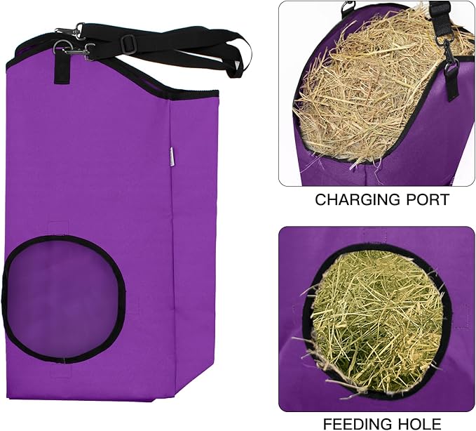 3 Packs Goat Hay Feeder,Hay Bags for Goats,Horses,Sheep,Premium 600D Oxford Cloth,with Metal Fastener and Adjustable Open Feed Hole for Slow Feeding. (2Purple + 1Black)-PawvioPets