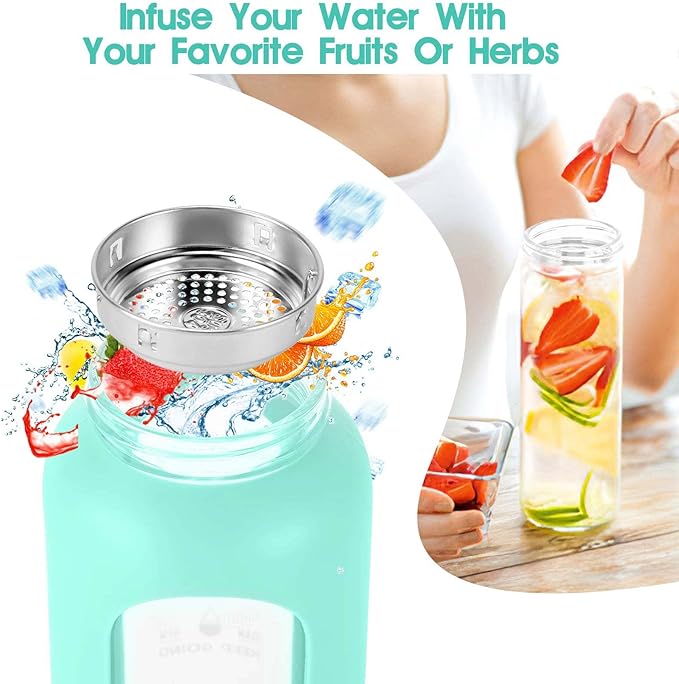 32 oz Glass Water Bottle with Straw - Motivational Time Marker & Silicone Sleeve - Reusable Tumbler Includes 2 Bamboo Lids & Fruit Infuser - 1 Pack-PawvioPets