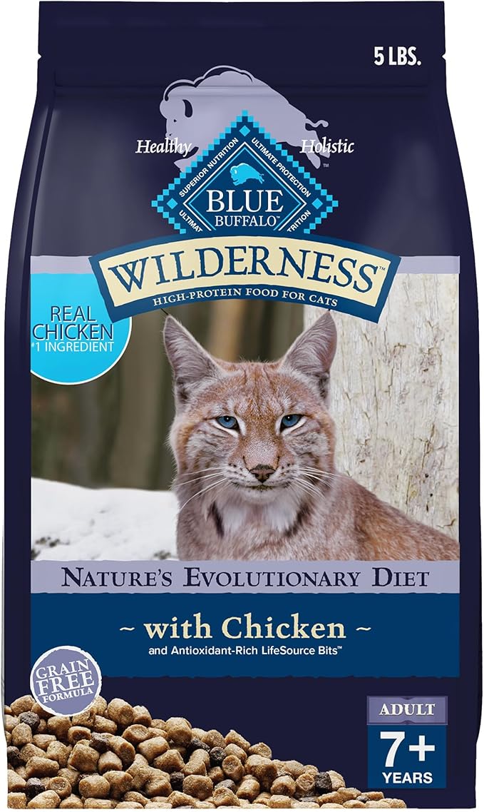 Blue Buffalo Wilderness Natural Mature Dry Cat Food for Cats 7+ Years, High-Protein and Grain-Free Diet, Supports Immune System Health and Energy to Stay Active, Chicken, 5-lb. Bag-PawvioPets
