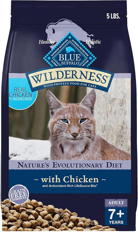 Blue Buffalo Wilderness Natural Mature Dry Cat Food for Cats 7+ Years, High-Protein and Grain-Free Diet, Supports Immune System Health and Energy to Stay Active, Chicken, 5-lb. Bag-PawvioPets