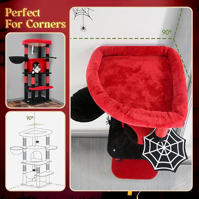 Globlazer Gothic Corner Cat Tree Tower with Scratching Post for Indoor Cats, 51inch Goth Cat Condo Tower with Large Hammock, Fan-Shaped Padded Perch, Spacious Cat Cave, Hanging Basket, C51, Red Black-PawvioPets