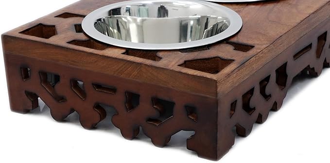 Elevated Pet Feeder for Dogs and Cats - Hand Carved Wood Bones Raised Dog Bowl Stand - Pet Feeding Stand with Two Steel Bowls - Raised Dog Bowl for Food Water - Pet Feeding Station -17x11x4- IRONGATE-PawvioPets