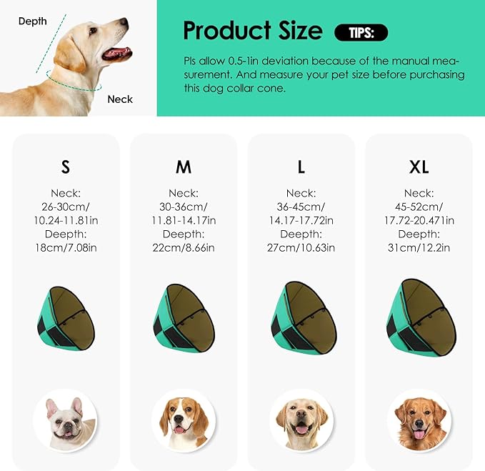 Dog Recovery Collar Cone for Medium Dogs, Adjustable Dog Cone Alternative After Surgery for Dogs to Stop Licking, Breathable Soft Cone for Medium Large Dogs, Green M-PawvioPets