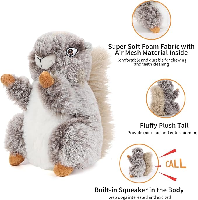 DODODOLA Dog Toys Plush Squirrel Stuffed Animals Chew Toy Soft Squeaky Gift for Small Medium Big Large Dogs Pet-PawvioPets
