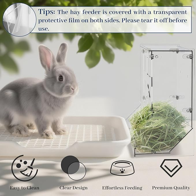 Acrylic Rabbit Hay Feeder with Lid, Transparent Hanging Food Dispenser Hay Feeder for Bunny Rabbits Guinea Pig Cage Chinchillas Hamsters Small Pets and Animals（Large-PawvioPets