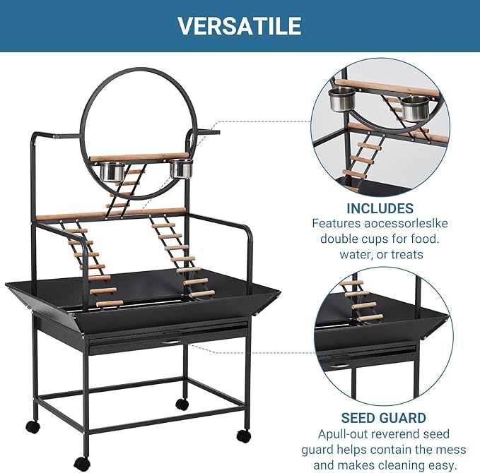Bird Playstand, 66'' H Inch Birdcage Stand Activity Play Center with Perches and Ladders, Removable Tray, Indoor Outdoor Playground for Parakeet,Cockatiels Conures Parrots, Lockable Caster,Black-PawvioPets