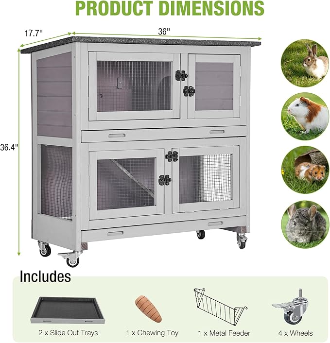 2 Story Rabbit Hutch Indoor Outdoor Rabbit Bunny House Guinea Pig Cage Wooden Pet House for Small Animals with 2 Large Rooms, Chewproof Ramp, Ventilation Door, Removable Trays (Grey)-PawvioPets
