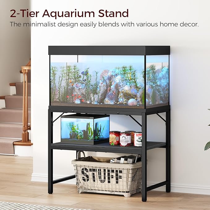 40-50 Gallon Fish Tank Stand, Aquarium Stand with 2-Tier Storage Shelves, Heavy Duty Breeder Turtle Terrarium Stand Rack for Home Office, 36.2" L x 18.9" W x 24.4" H, Black FTBK4001-PawvioPets