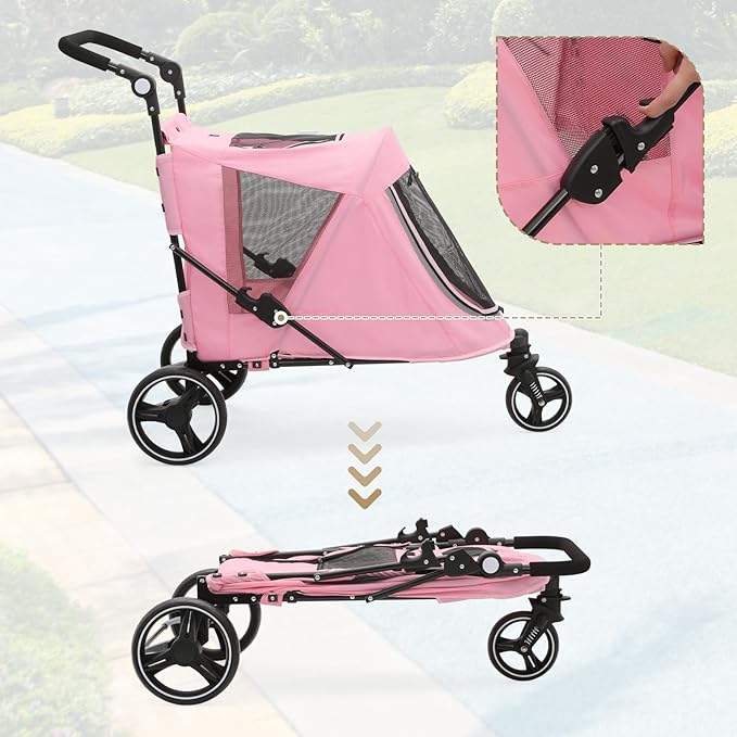 Athena Collection 3 Wheels Pet Stroller Fabric Dog Cart Dog Stroller for Large Dogs 55 Lbs Pet Stroller with Mesh Windows, Zipper Back Pocket, Safety Tether, Angle Adjustable Handlebar, Pink-PawvioPets