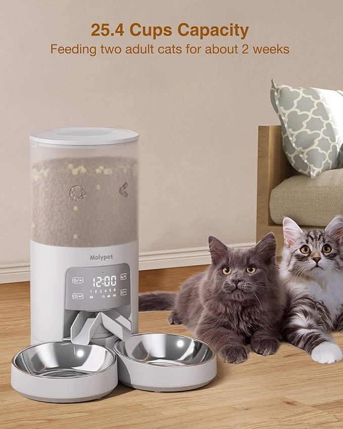 Automatic Cat Feeder for 2 Cats - Cat Food Dispenser with Double Bowls 6L, 10S Voice Recorder Programmable Timed Cat Feeder up to 6 Meals per Day-PawvioPets