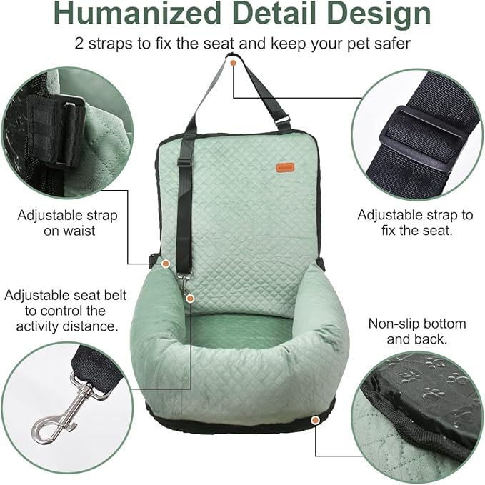 Dog Car Seat for Small Medium Dogs Up to 40lbs, Detachable Washable Soft Pet Booster Travel Bed for Front & Green Seat with Safety Leash Belt-PawvioPets