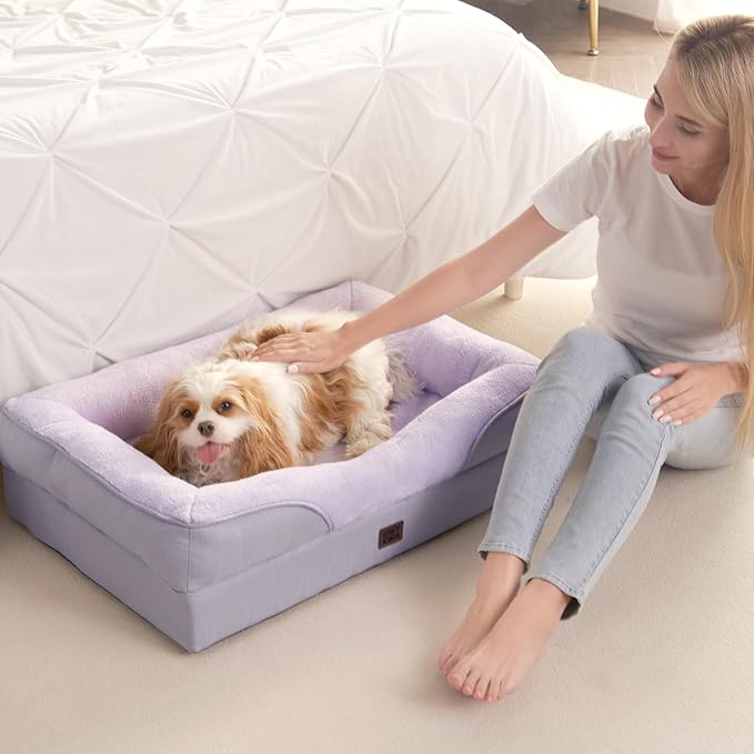 EHEYCIGA Memory Foam Dog Bed for Medium Size, Orthopedic Dog Sofa with Sides and Waterproof Liner, Washable Bolster Pet Couch with Removable Cover, 35x22x6.5 Inch, Purple-PawvioPets