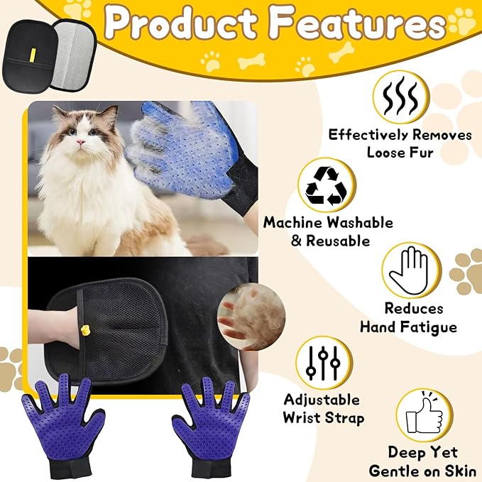 8 Pcs Pet Grooming Gloves for Shedding – 6x Reusable Cat & Dog Hair Removal Gloves+ 1 Pair 2-in-1 Deshedding Brush & Massage Mitt – Safe for Dogs & Cats, Efficient (Blue)-PawvioPets