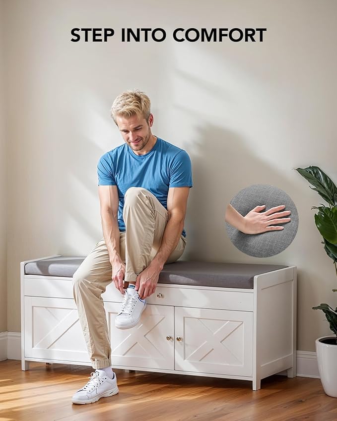Amada Shoe Storage Bench, Entryway Bench with Cushioned Seat & Lift Top Storage, 3 Doors, Adjustable Shelf, 300 lbs Capacity, Bench with Shoe Rack for Entryway, Bedroom, Living Room, White-PawvioPets