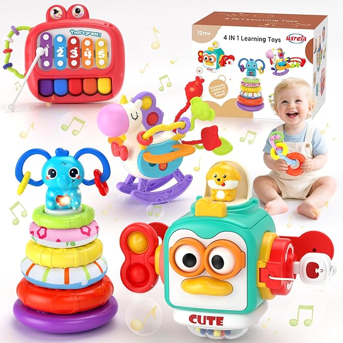 4 in 1 Baby Toy for 6 9 12 18 Month, Learning Toys for Babies 6-12 Months, Baby Busy Cube, Stacking Sorter, Pull String & Piano Xylophone Travel Toy, Birthday Gift for 1 2 Year Old-PawvioPets