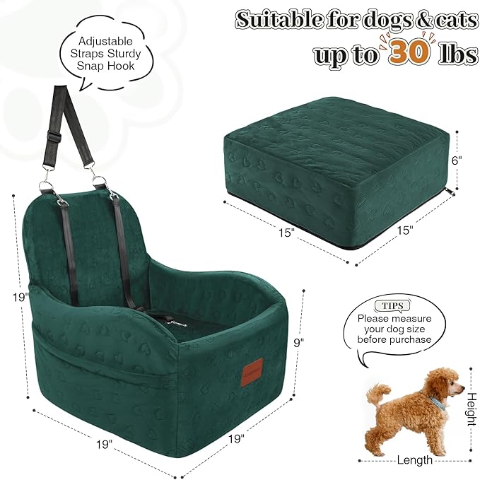 Dog Booster Car Seat for Small/Medium Dogs,6in Elevated Cushion,Fully Detachable and Washable,2 Storage Pockets & 3 Straps,Fits in Front/Back Seat,Easy to Install (Green,Medium)-PawvioPets