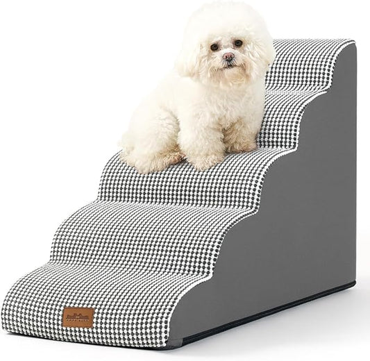 Dog Stairs for High Bed 22.6" H, Small Dog Step for Puppy, Older or Cat, Curved Ramp for Car, Ladder with High Density Foam, Lightweight, Durable, 15.7x33x22.6 inch, 5 Step, White Black-PawvioPets