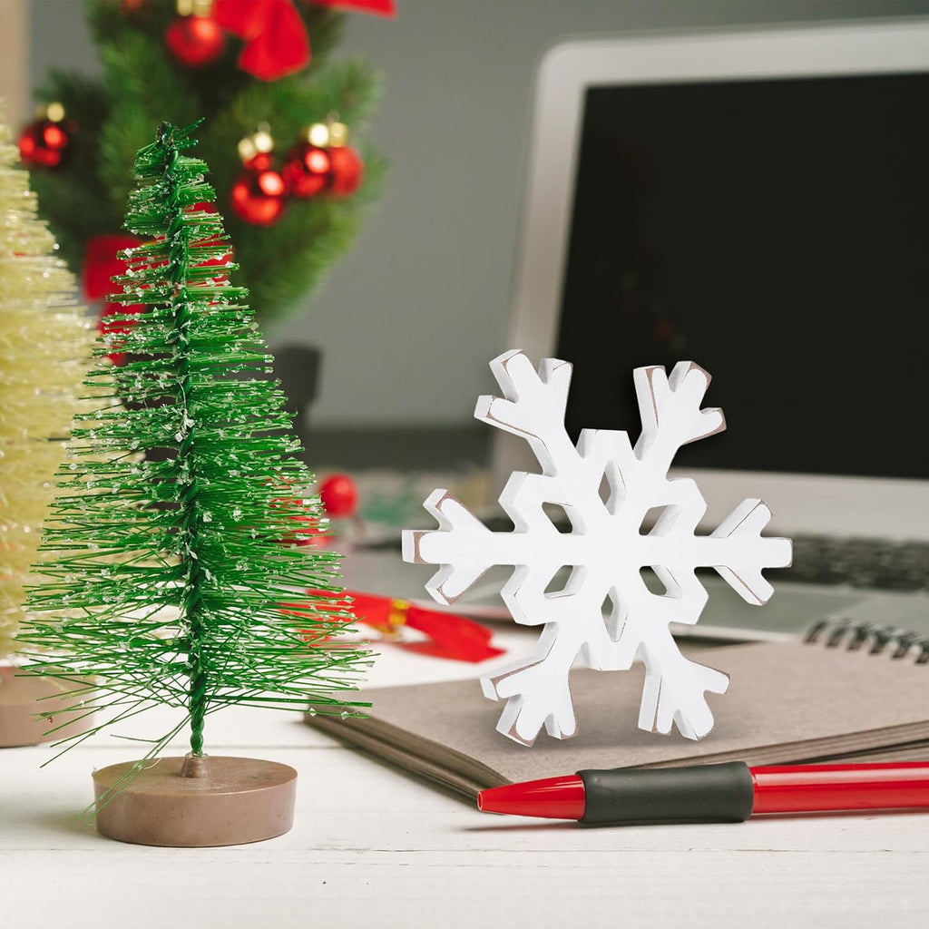 Snowflake Decorations Christmas Decor 6Pcs Winter White Wooden Snowflakes Standing Christmas Tiered Tray Decor Winter Wonderland Decorations for Indoor Home Xmas Table Shelf Fireplace Mantel