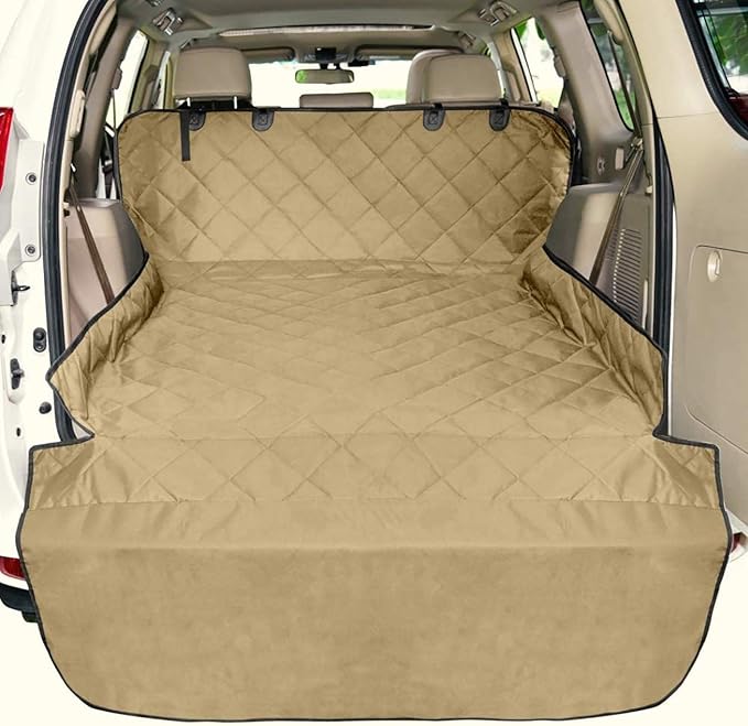 F-color SUV Cargo Liner for Dogs, Water Resistant Pet Cargo Cover Dog Seat Cover Mat for SUVs Sedans Vans with Bumper Flap Protector, Non-Slip, Large Size Universal Fit, Khaki-PawvioPets
