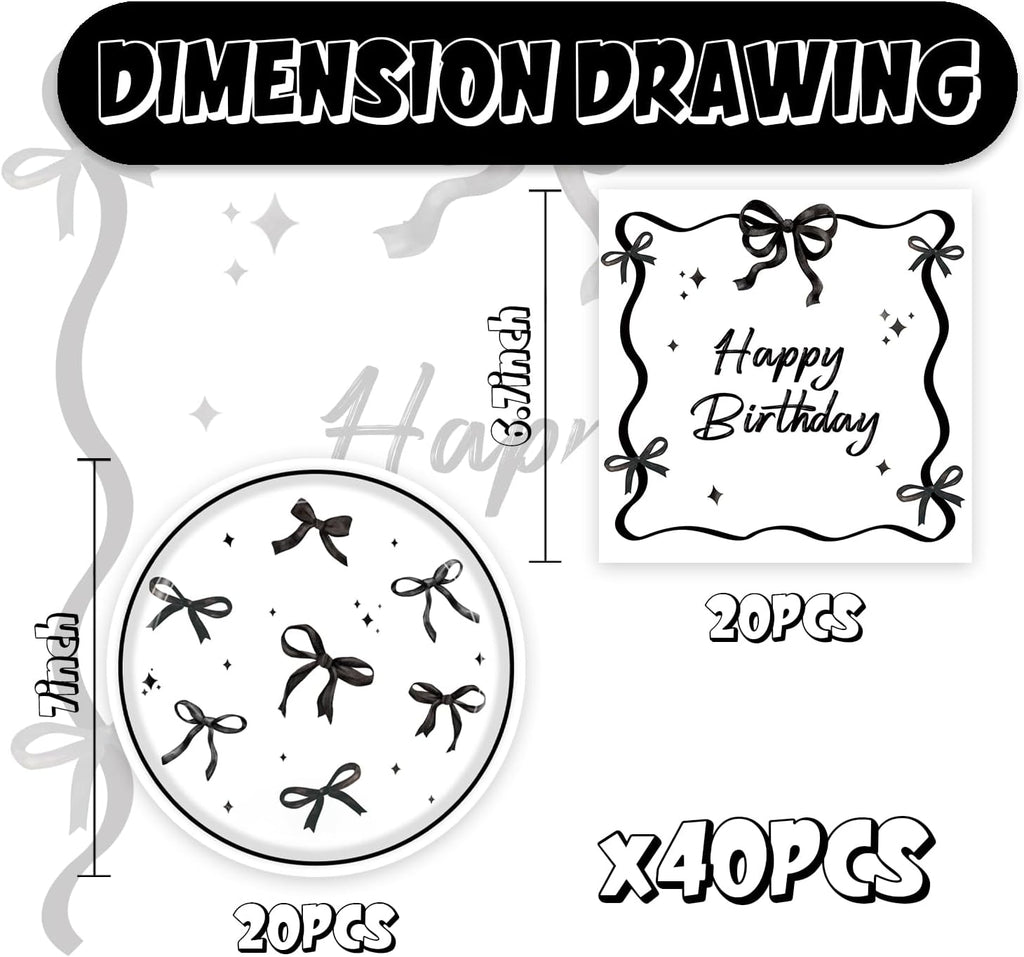 40pcs Black Bow Birthday Decorations Sophisticated Coquette Birthday Supplies,Black Bow Plates and Napkins,Suitable for 20 Guests