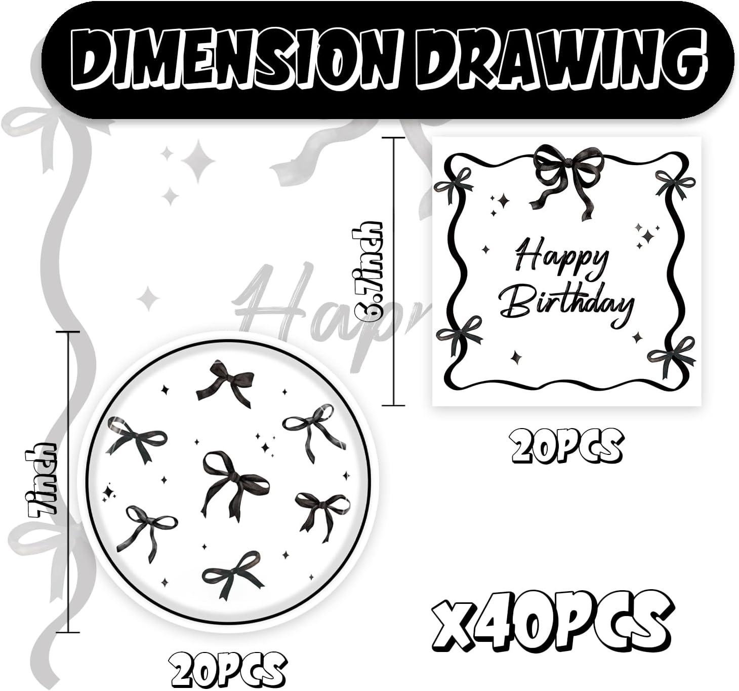 40pcs Black Bow Birthday Decorations Sophisticated Coquette Birthday Supplies,Black Bow Plates and Napkins,Suitable for 20 Guests