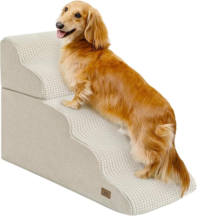Dog Step for Bed, Dog Stair 5-Step 35D Pet Stair 19.7" H for High Bed or Sofa Non-Slip Balanced Pet Step Indoor, Beige-PawvioPets