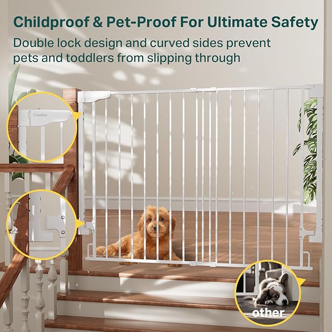 Cumbor 34" Extra Tall No Bottom Bar Baby Gate for Stairs, Auto Close Dog Gate Indoor for Larger Pets, 31.6-48" Hardware Mounted Safety Gate for Doorways, Wide Walk Thru Door for Easy Access (White)-PawvioPets