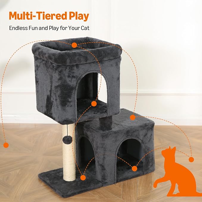Amazon Basics 30 inch 2 Story Condo Cat Tree with Scratching Posts for Indoor Cats up to 16 lbs, Activity Center with Cozy Perch, Replaceable Hanging Pompom, Dark Gray-PawvioPets