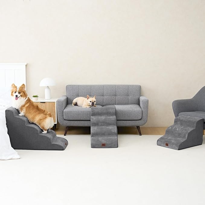 EHEYCIGA Curved Dog Stairs Ramp for High Beds 19.7" H, 4-Step Dog Steps for Small Dogs and Cats, Pet Stairs for High Bed Climbing, Non-Slip Balanced Pet Step Indoor, Grey-PawvioPets