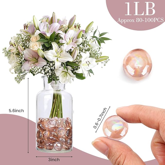 FUTUREPLUSX 1LB Pink Flat Glass Marbles, Vase Fillers Gems Fish Bowl Marbles Decorative Glass Pebbles for Vases Aquarium Floral Smooth Stone-PawvioPets