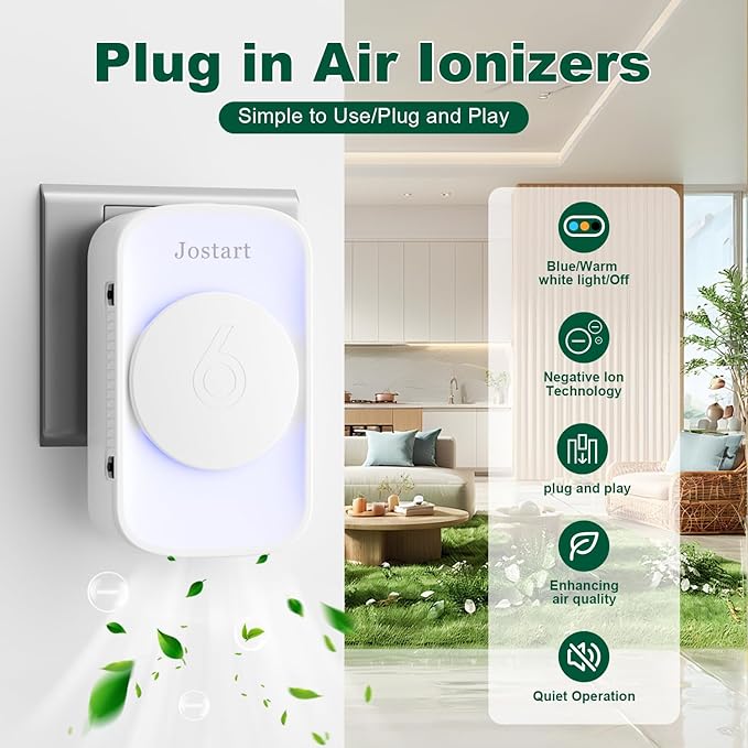 Air Ionizers for Home (1 Pack),Negative Ion Air Filter,Quiet Plug in air fresheners for Bedroom, Office, Kitchen,Garage,Portable Air Purifiers Odor, Smoke Dust, Pets, Mini Air Cleaner White-PawvioPets