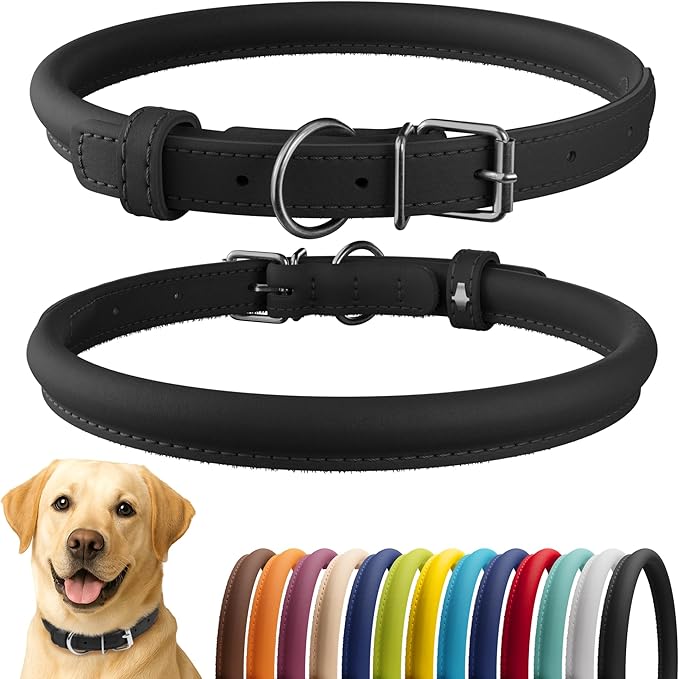 CollarDirect Rolled Leather Dog Collar, Soft Padded Round Puppy Collar, Handmade Genuine Leather Collar Dog Small Large Cat Collars 13 Colors (15-19 Inch, Black Smooth)-PawvioPets