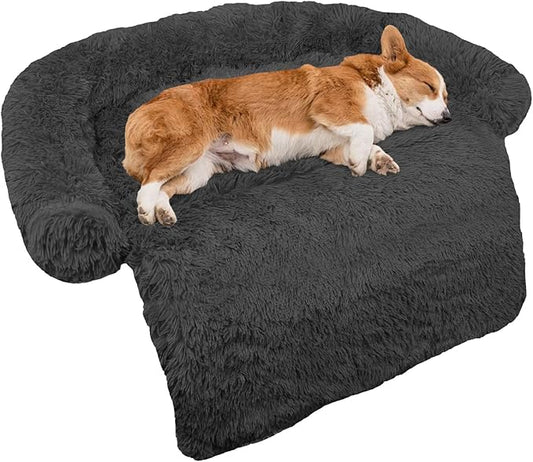 Calming Dog Bed Fluffy Plush Dog Mat for Furniture Protector with Removable Washable Cover for Large Medium Small Dogs and Cats (Medium(41x37x6), Dark Grey)-PawvioPets