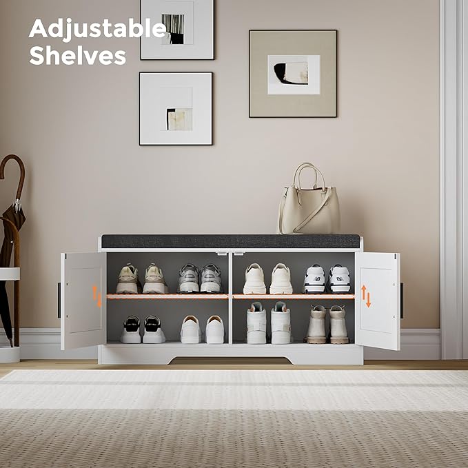 2-Tier Storage Bench, Shoe Bench with Thickened Padded Seat Cushion, Entryway Bench with 2 Doors, Adjustable Shelf, 13.8" D x 37.4" W x 18.5" H, for Entryway, Living Room, Bedroom, White-PawvioPets