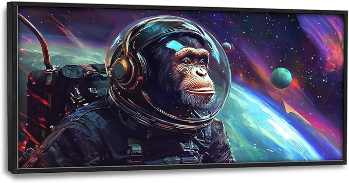 Framed Large Monkey Astronaut Wall Art, Oversized Chimpanzee Spacemen Wall Decor for Living Room, Outer Space Canvas Painting Pictures Modern Artwork for Living Room Bedroom Office 60"x30"-PawvioPets