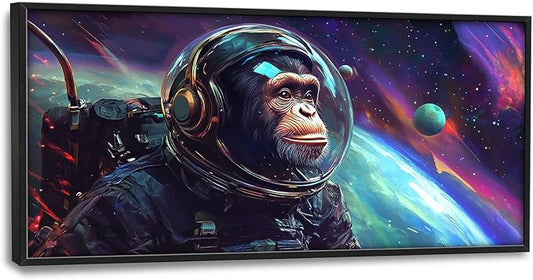 Framed Large Monkey Astronaut Wall Art, Oversized Chimpanzee Spacemen Wall Decor for Living Room, Outer Space Canvas Painting Pictures Modern Artwork for Living Room Bedroom Office 60"x30"-PawvioPets